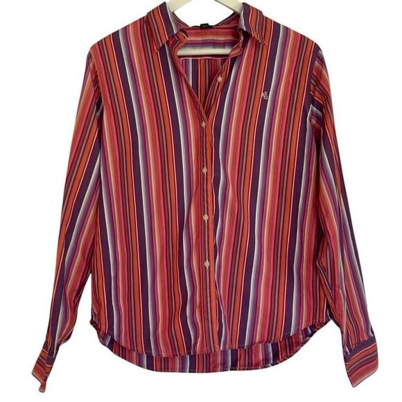 Lauren Ralph Lauren 100% cotton pink striped button down large - Picture 1 of 8